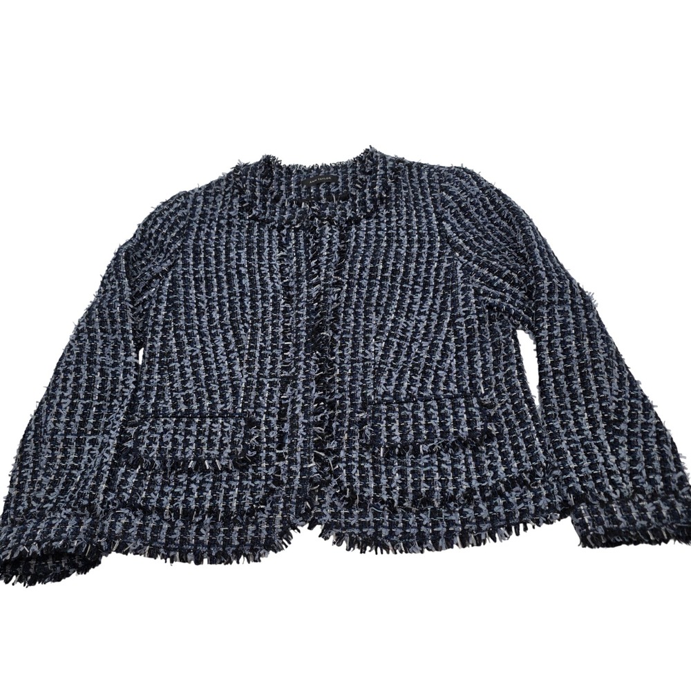 Ann Taylor Tweed Jacket W Sz M‎ (8-10) Navy Blue Fringe Trim Open Front Shimmer